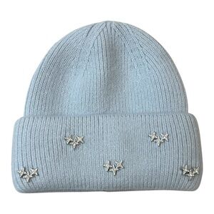 Women’s Knit Winter Hat Baby Blue Toque Star Rhinestone Embellished Beanie